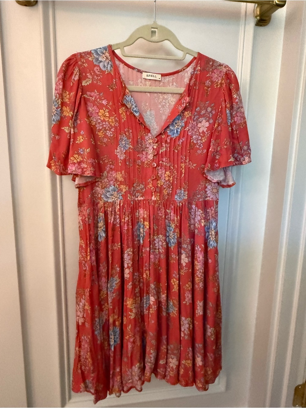 Spell Coral Floral Mini Dress with Blue and Yellow Flowers